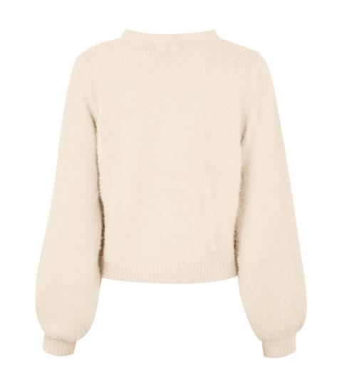 Cream Fluffy Knit Puff Sleeve Cardigan New Look