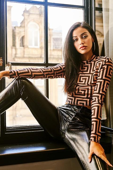 Black/neutral Printed Mesh High Neck Crop Top