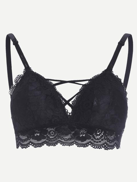 Black Lattice Front Embroidered Lace Overlay Bralet