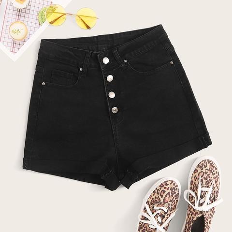 Black Wash Button Fly Denim Shorts