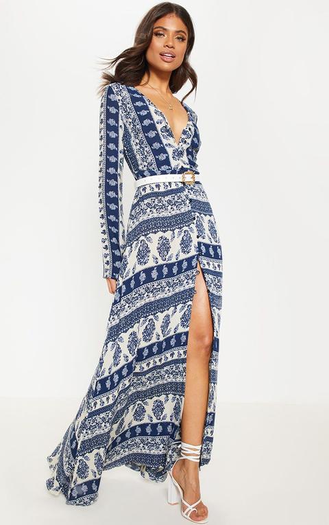 Blue Paisley Print Button Front Maxi Dress