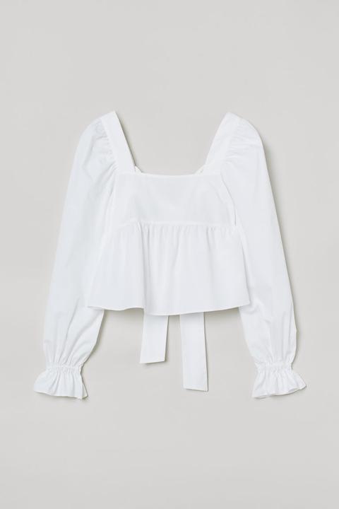 Blusa De Algodón Con Lazo - Blanco