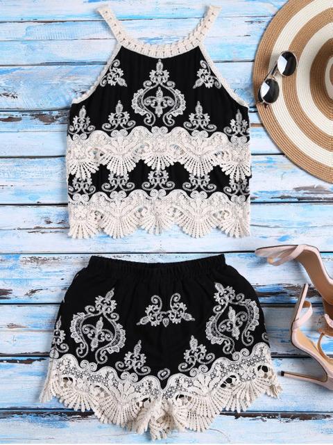 Crochet Panel Tank Top And Shorts Set