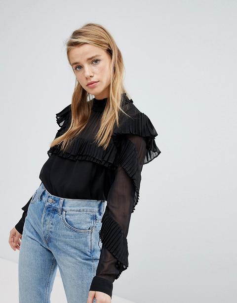 Blusa Negra Transparente Con Detalle Plisado De Pimkie