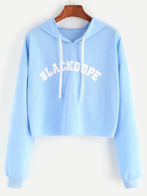 Blue Hooded Letter Print Raw Hem Crop Sweatshirt