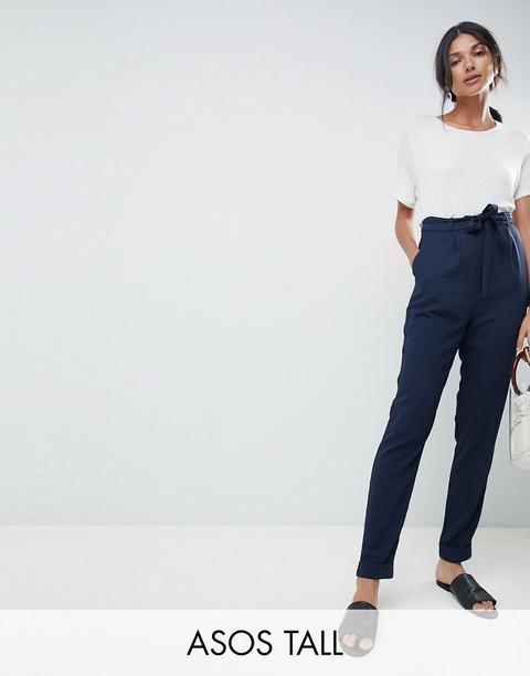 Asos Design Tall - Pantaloni Con Pinces E Cintura Obi - Navy