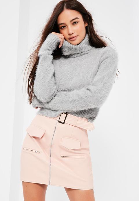 Grey Fluffy Roll Neck Cropped Jumper