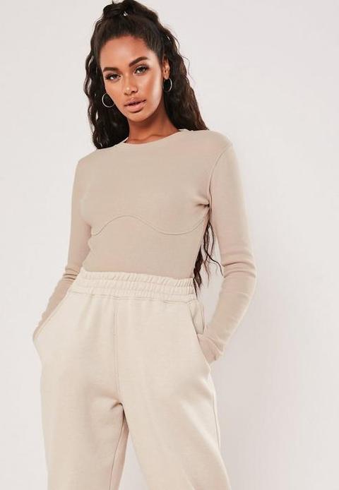 Sand Corset Detail Ribbed Bodysuit, Camel