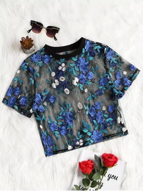 Blusa Transparente Bordado Floral Blue