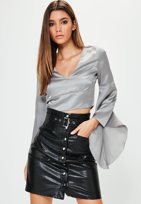 Petite Exclusive Grey Satin Flared Sleeve Crop Top