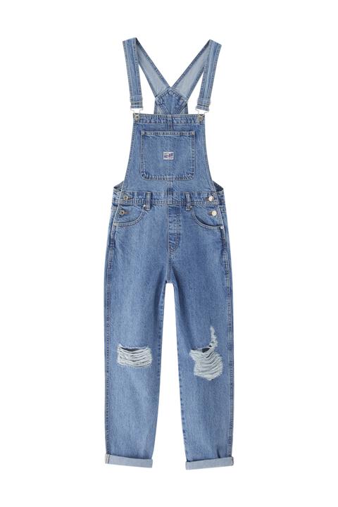 Pull&bear Femme Salopette En Jean Basique Déchirée Aux Genoux, À Bretelles Réglables Et Poches. Bleu Xl