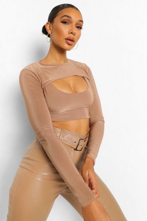 Womens Slinky Sqaure Neck Crop And Super Crop Top - Beige - 12, Beige