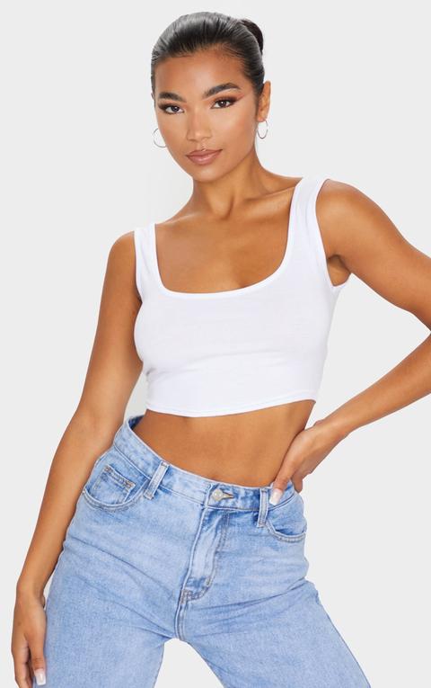 Basic White Cotton Blend Scoop Neck Crop Top