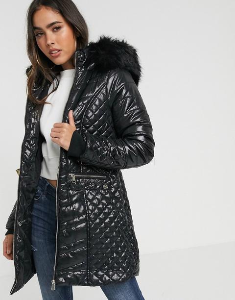 Chaqueta Acolchada Larga Con Capucha De Pelo En Negro De River Island