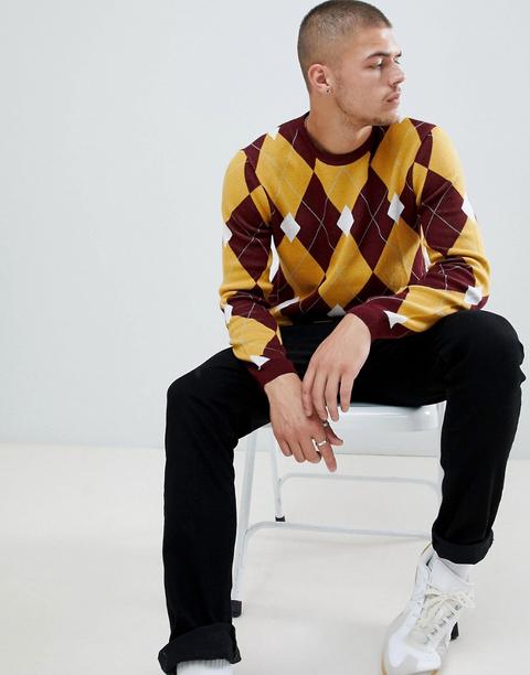 Asos Design Argyle Jumper In Mustard And Burgundy