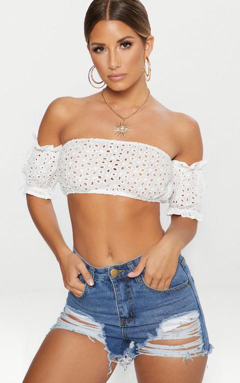 White Broderie Anglaise Bardot Crop Top