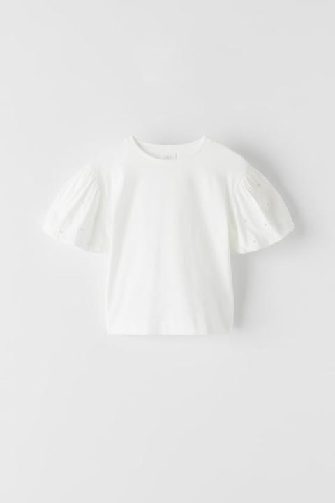 Voluminous Sleeve T-shirt With Faux Pearls