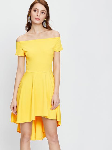 Giallo Fuori Dalla Spalla Dip Hem Dress