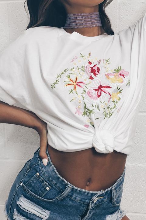 Zhara White Floral Embroidered T-shirt