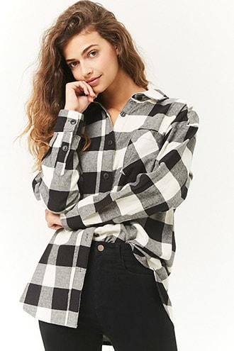 Forever 21 Buffalo Plaid Longline Flannel Shirt White/black