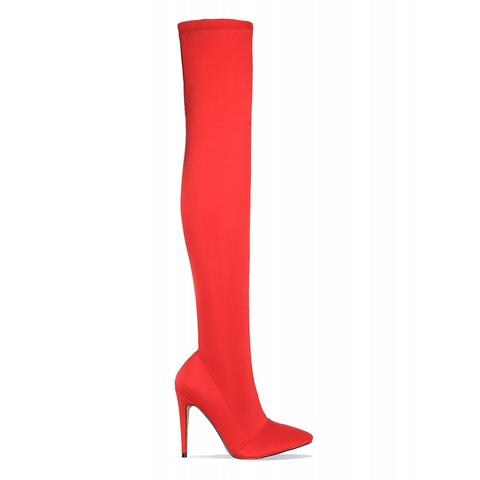 Tamsin Red Lycra Stiletto Thigh High Boots