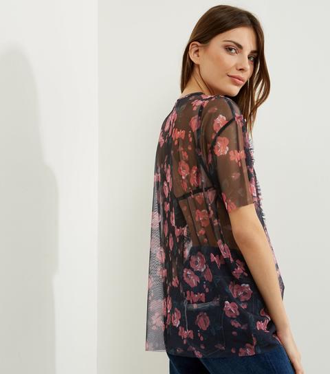 Black Mesh Floral Print Frill Trim T-shirt