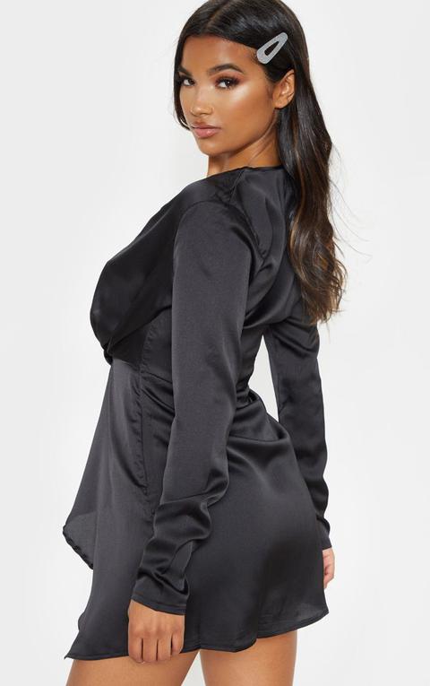 plus black satin long sleeve wrap dress