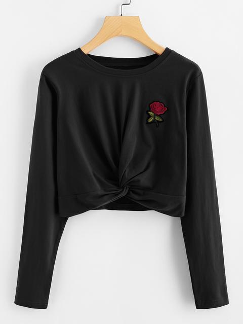 Rose Embroidered Patch Twist Detail Tee