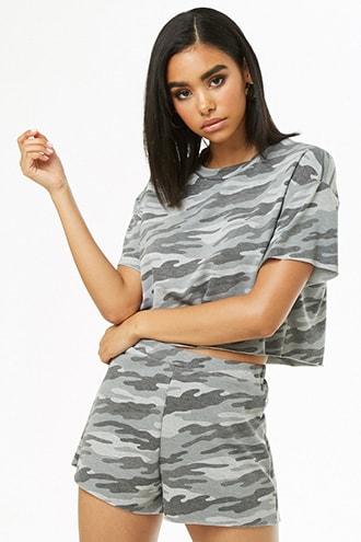 Forever 21 Camo Print Crop Top & Shorts Set Grey/black