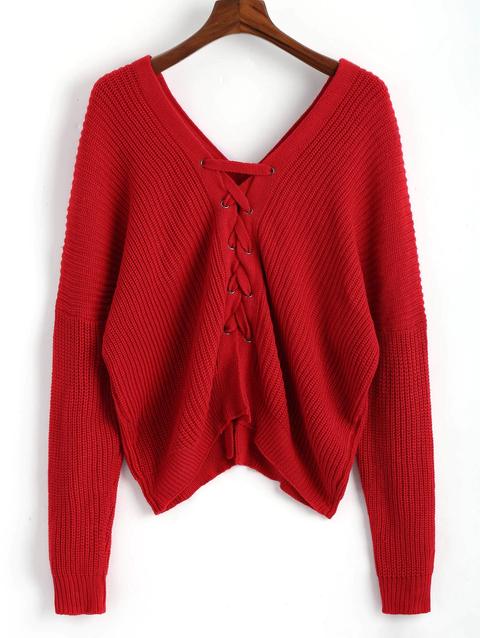 V Neckline Indietro Lace Up Maglione Pullover Red