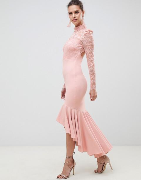 Vestido Largo De Dama De Honor Con Cuello Subido Y Diseño De Cola De Pez Con Detalles De Encaje De City Goddess-rosa