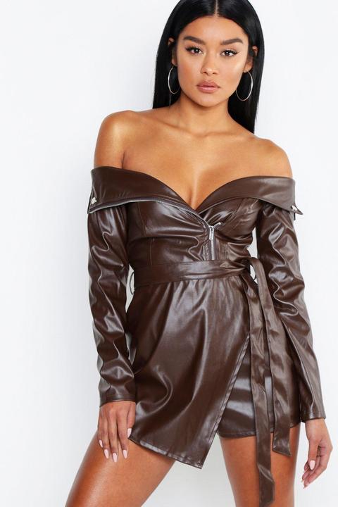 Womens Leather Look Biker Jacket Romper - Brown