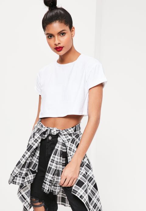 Roll Sleeve Cotton Crop Top White