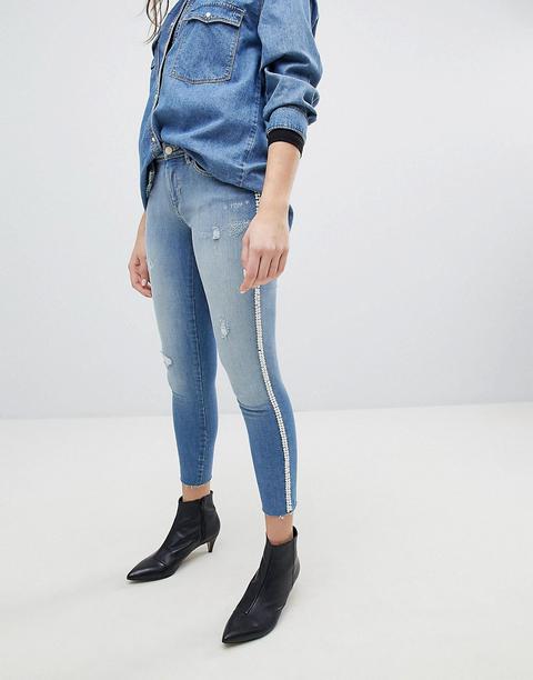 Only - Jeans Skinny Con Perle Decorative - Blu