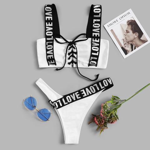 Bikini Stampata Con Lacci E Fasce Di Lettera E Vita Alta