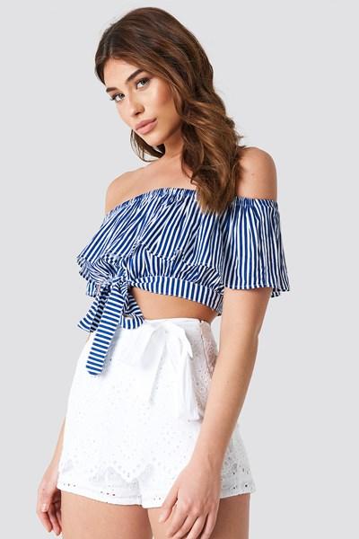 Debiflue X Na-kd Off Shoulder Frill Top - White,blue,multicolor