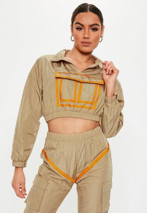 Sand Contrast Binding Co Ord Crop Jacket, Camel