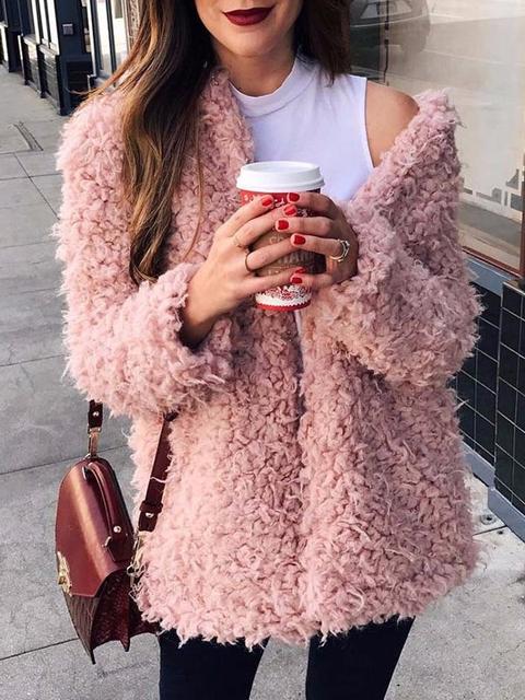Cappotto Collo A V In Pelliccia Manica Lunga Casual Rosa