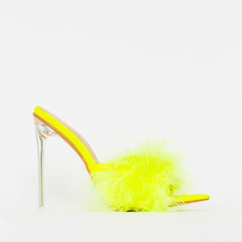 Faye Yellow Fluffy Clear Mule Heels