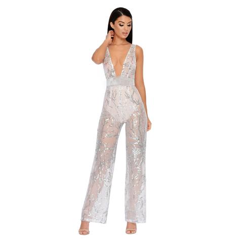 Glitz Lit Embellished Sequin Jumpsuit In Silver