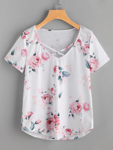 T-shirt Con Incrocio Sul Davanti E Stampa Floreale