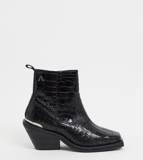 Asra Exclusive Maverick Square Toe Ankle Boots In Mock Croc Leather-black