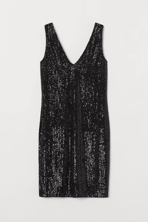 V-neck Sequined Dress - Black