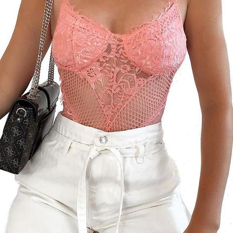 Baby Pink Mesh Panel Eyelash Lace Strappy Bodysuit