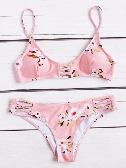 Set Bikini Con Estampado Floral Y Detalle De Tiras Cruzadas - Rosa