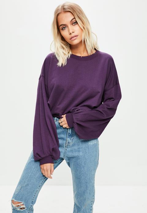Purple Cropped Ruched Sleeve Sweatshirt