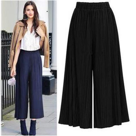 Pantaloni Pianura A Pieghe Elastico Vita Alta Piedino Largo Di 7/8 Nere