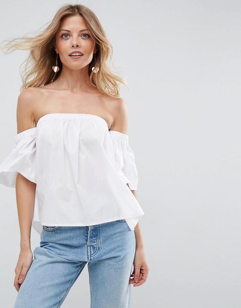 Asos - Top Di Cotone Con Spalle Scoperte E Maniche Svasate - Bianco