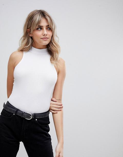 Asos Design Bodysuit With Turtle Neck In Fancy Rib In White