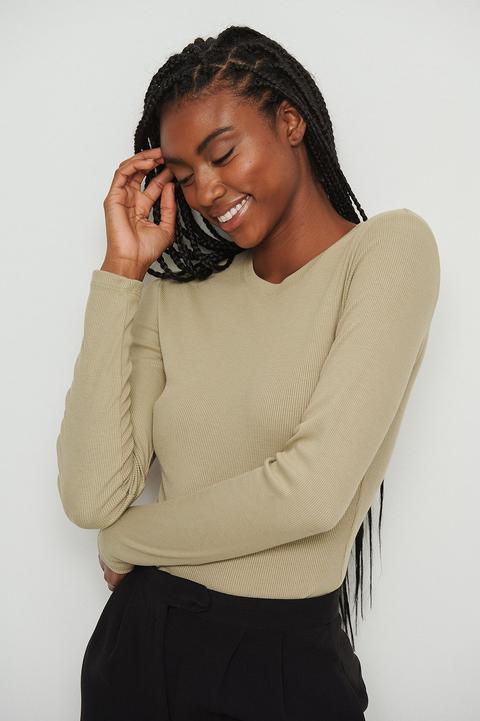 Na-kd Basic Round Neck Long Sleeved Ribbed Top - Green